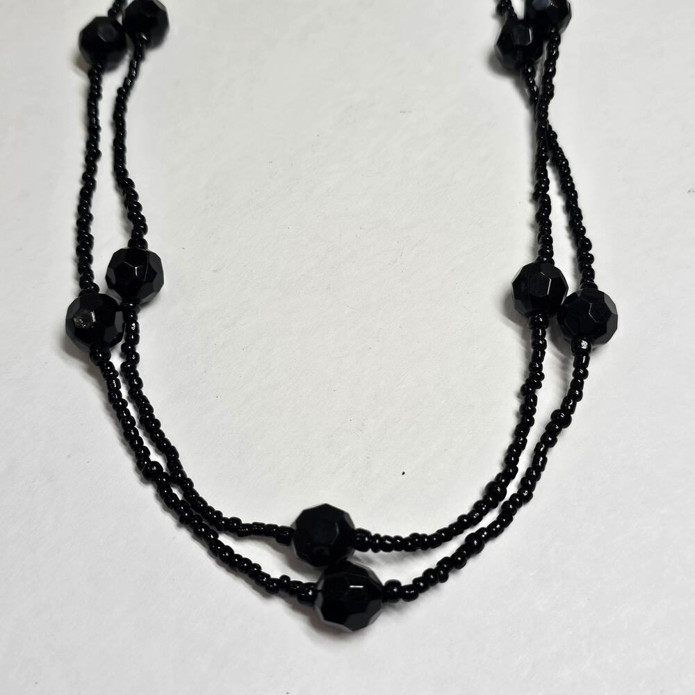 Black Faceted Beaded Station Necklace Seed Beads 59in Flapper Rope Length